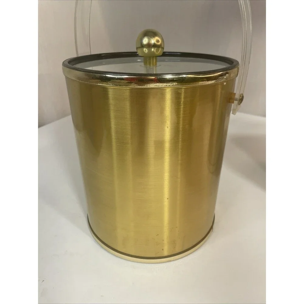 2 Vintage Gold Silver Ice Buckets Plastic, Clear Lid, Tongs Made In Taiwan